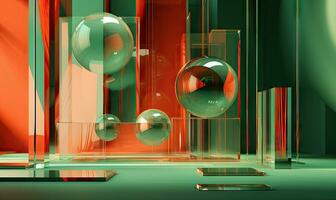 Vibrant, abstract room featuring bold colors and glassmorphism spheres. AI Generative photo