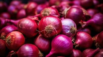 realista foto de un manojo de rojo cebolla. parte superior ver vegetales escenario. ai generado