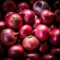 Realistic photo of a bunch of red onion. top view vegetables scenery. AI Generated