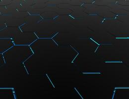 Dark abstract background with glowing cold lights beneath the hexagons photo