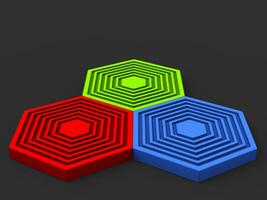Beautiful red, green and blue hexagons  on dark gray floor photo