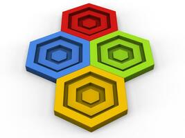 Green, red, blue and yellow hexagon puzzle pieces fitting together photo