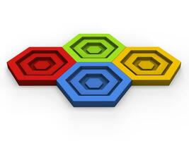 Red, green, blue and yellow hexagon puzzle pieces fitting together photo