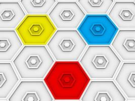 Primary colored hexagons stand out of sea of white ones photo