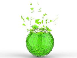 Green glass shattering low poly sphere on white background photo