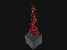 Black cube shattering into many red glass pieces photo