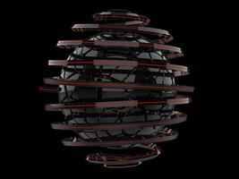 Abstract spiral forms with glowing red line forming around black broken sphere photo