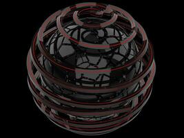 Black abstract forms with glowing red line spiraling around broken sphere photo