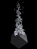 Black cube shattering into million small white pieces photo