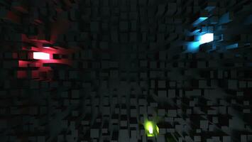Red, green and blue lights in black abstract cubic environment photo