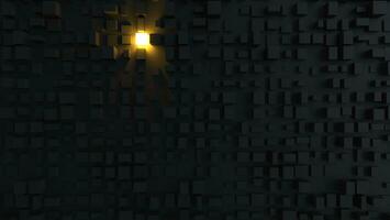 Abstract black cubic environment with one light shining through photo