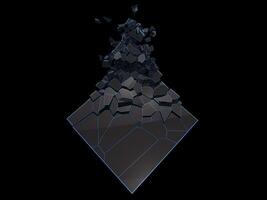 Black cube shape with blue glow outlines breaking into hundreds of small pieces photo