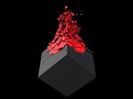 Matte black cube exploding into small red fragments photo