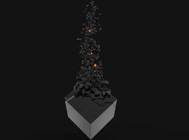 Abstract cube exploding into hundreds of little pieces photo