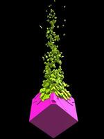 Pink abstract cube shape exploding into thousand bright green pieces photo