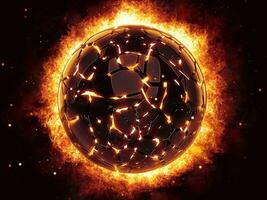 Glowing broken black sphere engulfed in fire and flames photo