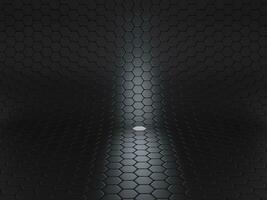 Dark black hexagonal curved background with one single white hexagon photo