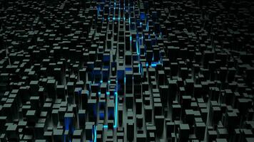 Dark abstract cityscape with glowing blue neon light trail racing through - top down view photo