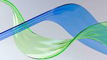 Transparent blue and green glass ribbons on light background. Shiny glass surface curved shapes in motion. Design element for backgrounds - 3D render abstract background photo