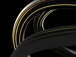 Abstract shiny black curve shape with glowing yellow line - isolated on black background photo