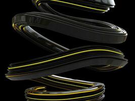 Abstract shiny black curve shape with glowing yellow line around it - isolated on black background photo