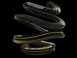 Abstract shiny black curve shape with glowing yellow lines in it - isolated on black background photo