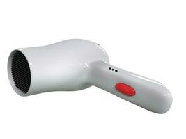 Compact white hairdryer with big red button photo