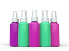 Teal and purple unlabled spray bottles photo