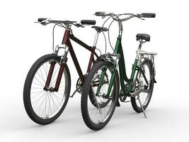 Modern bicycles - green and red metallic colors - different models photo