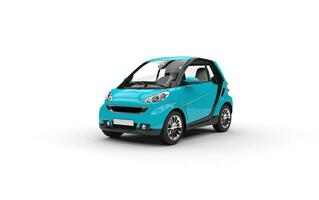 Bright Blue Small Car On White Background photo