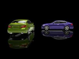 Green And Purple Cars On Black Background With Reflection photo