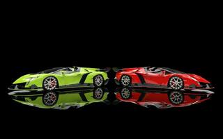 Green and red supercars on black reflective background photo