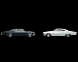 Black and white muscle cars on black background - side view photo