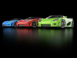 Row of sportscars in black showroom photo