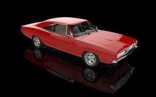 Retro red muscle car - isolated on black reflective background. photo