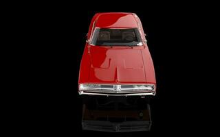 retro rojo músculo coche - frente parte superior ver - aislado en negro reflexivo antecedentes. foto