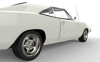 Rear tire of a vintage white muscle car - isolated on white background. photo