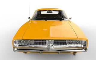 Yellow retro muscle car - closeup on the hood of the car photo