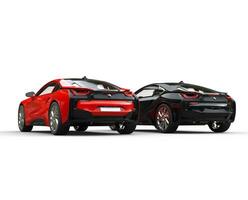 Black and red sports cars - side to side - back view - isolated on white background. photo