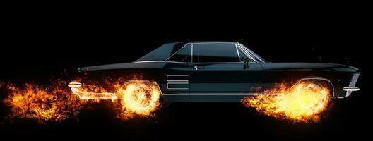 clásico americano músculo coche ruedas en fuego - 3d ilustración foto