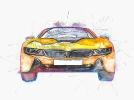 Futuristic yellow sports car - water color and ink digital illustration - on white background photo