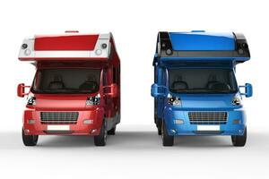 Red and blue big camper vans - side by side - isolated on white background photo