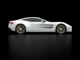 White sports car - side view shot - ground reflection - isolated on black background photo