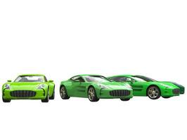 Green sportscars in a row - isolated on white background photo