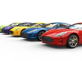 Row of modern colorful sports cars - isolated on white background photo