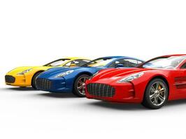 Three modern sports cars - primary colors - side by side photo
