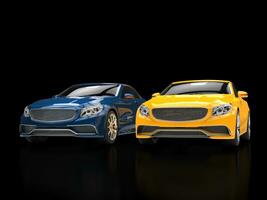 Blue and yellow modern cars on black reflective background photo