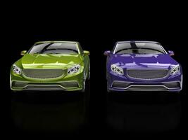 Green and purple modern cars on black reflective background photo