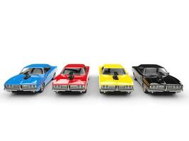 Colorful vintage muscle cars in a row - front view photo