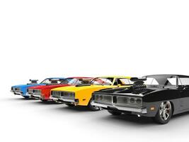 Colorful vintage muscle cars in a row photo